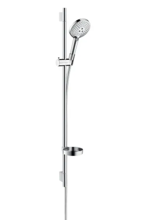 Hansgrohe Duschsystem mit Handbrause, verstellbarer Halterung, Chromoberfläche und integrierter Seifenschale, montiert an einer vertikalen Stange.